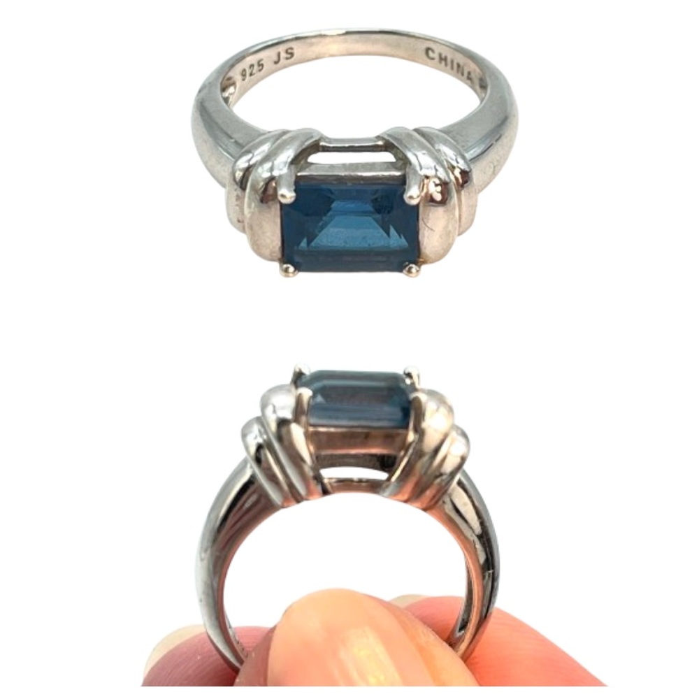 Blue Gemstone Solitaire Ring Emerald Cut Set in 925 Sterling Silver